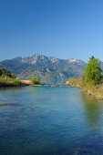 Loisach river and Lake Kochel, Herzogstand and Heimgarten in background, Upper Bavaria, Bavaria, Germany