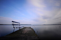 Deserted jetty at dusk, Neeberg, Achterwasser, Usedom, Mecklenburg-Western Pomerania, Germany, Europe