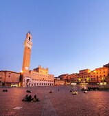 View over Piazza del Campo to Palazzo Pubblico with Torre del Mangia, Siena, Tuscany, Italy