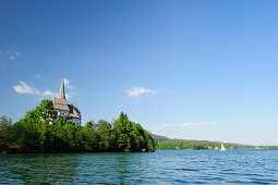 Church of Maria Woerth and lake Woerthersee, lake Woerthersee, Carinthia, Austria, Europe