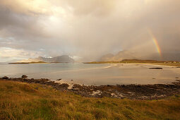 Rainbow above the coastal landscape, beach in Autumn, Fredvang, Flagstadoy, Lofoten, Nordland, Norway, Scandinavia, Europe