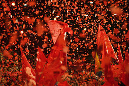 Crowd cheering, flags and confetti in air