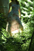 Woman wearing dress, standing in forest, defocused
