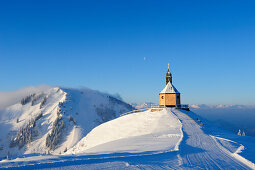 Snow covered chapel with Setzberg in the background, Wallberg, Bavarian alps, Upper Bavaria, Bavaria, Germany, Europe