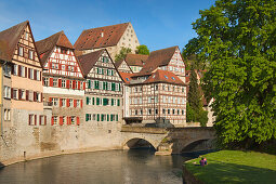 Half-timbered houses at the Kocher river, Schwaebisch Hall, Hohenlohe region, Baden-Wuerttemberg, Germany, Europe