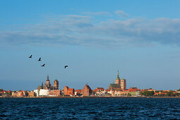 View from Ruegen island across the Strelasund to the city of Stralsund, Baltic Sea, Mecklenburg-West Pomerania, Germany
