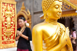 Wat Doi Suthep, golden Buddha statue in front of buddhist woman, Chiang Mai, Thailand, Asia