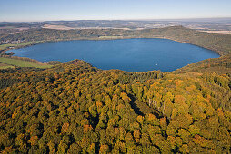 Aerial view of Lake Laach, Maria Laach, Eifel, Rhineland Palatinate, Germany, Europe