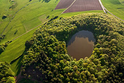 Aerial view of Windsborn crater lake, rural district of Daun, Eifel, Rhineland Palatinate, Gemany, Europe