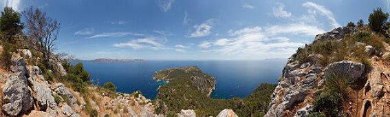 Blick vom Aussichtsberg Penya Rotja auf das Cap de Pinar, Kap bei Alcudia, Mallorca, Balearen, Spanien, Europa