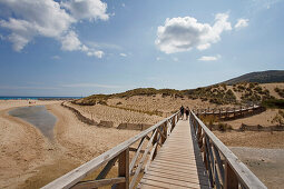 Boardwalk through the dunes in the sunlight, Cala Mesquida, Mallorca, Balearic Islands, Spain, Europe