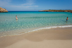 People bathing in the bay, Cala Varques, Mallorca, Balearic Islands, Spain, Europe