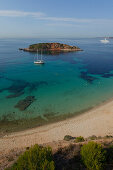 View of beach in a bay and the island of Isla d'en Salas, Portals Nous, Mallorca, Balearic Islands, Spain, Europe