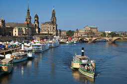 Paddle wheel steamer at the Elbe river, Staendehaus, Dresden castle, Hofkirche and Semper Opera in the background, Dresden, Saxonia, Germany, Europe