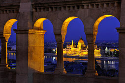 View from the Fisherman's Bastion onto the House of Parliament at Danube river at night, Budapest, Hungary, Europe