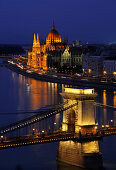 Danube river, House of Parliament and Chain Bridge at night, Budapest, Hungary, Europe