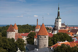Overhead of city with churches and towers from Toompea hill, Tallinn, Harjumaa, Estonia