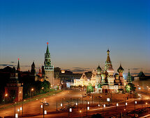 Blick vom Kempinski Hotel über Moskva auf Basilius Kathedrale, Roten Platz und Kreml, Moskau, Russische Föderation, Russland, Europa