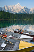 Rowing boats at the banks of Laghi di Fusine, Julian Alps, Italy, Europe
