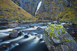 Gorge of the bjoreia river, flowing into Voringfossen, Waterfall in the background, Mabodalen, Hordaland, Norway