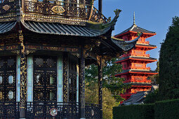 Chinese pavilion and Japanese tower in the sunlight, Brussels, Belgium, Europe