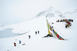Tragtiere, Mönche und einheimische Bauern mit Touristengruppen am tief verschneiten Pass mit Gebetsfahnen, Shingo La, Großer Zanskar Trek, Zanskargebirge, Zanskar, Ladakh, Indien