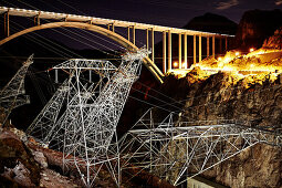 Hoover Dam Bypass and Electrical Power Lines at Night, Hoover Dam, Arizona, USA
