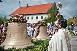 Women wearing traditional clothes at a festival, Christening of a bell, Antdorf, Bavaria, Germany