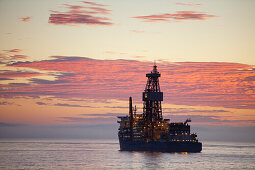 Oil drilling ship Pacific Mistral, Pacific Drilling, at sunrise, near Rio de Janeiro, Rio de Janeiro, Brazil, South America