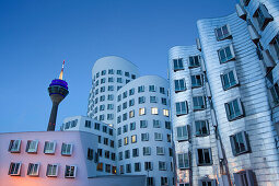Rheinturm und Gehry Gebäude am Abend, Neuer Zollhof (Architekt: F.O.Gehry), Medienhafen, Düsseldorf, Rhein, Nordrhein-Westfalen, Deutschland, Europa
