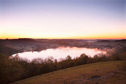 Dawn at Schalkenmehren Maar, near Daun, Eifel, Rhineland-Palatinate, Germany, Europe