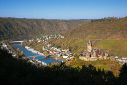 View of Reichsburg castle in the sunlight, Cochem, Moselle river, Rhineland-Palatinate, Germany, Europe