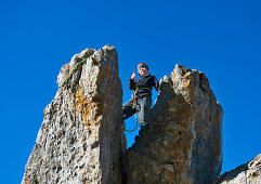 Young mountaineer, Steinling Alm, Kampenwand, Chiemgau, Upper Bavaria, Germany