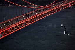Sailboats sailing under the Golden Gate Bridge, San Francisco, California, USA
