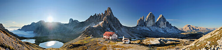 Drei Zinnen and hut Drei Zinnen Huette, Tre Cime, Dolomites, UNESCO World Heritage Site, South Tyrol, Veneto, Italy