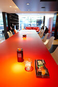 Table with drink and sushi, CanteenM at Citizen M Hotel, Amsterdam, Netherlands