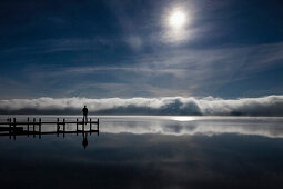 Mann blickt auf Starnberger See, Roseninsel im Nebel, Morgenstimmung mit Mond, Oberbayern, Deutschland