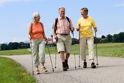Eine Gruppe Rentner beim Wandern, Oberbayern, Bayern, Deutschland, Europa