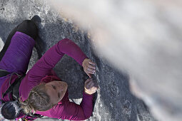 Young woman climbing on a rock face, Pinswang, Tyrol, Austria, Europe