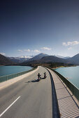 Motorbike tours around Garmisch, Bridge over Sylvenstein Reservoir, Upper Bavaria, Bavaria, Germany