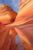 Rote Sandsteinformation spiegelt sich in Wasser, The Wave, Coyote Buttes, Paria Canyon, Vermilion Cliffs National Monument, Arizona, Südwesten, USA, Amerika