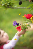 Girl with bunch of flowers, Santanyi, Majorca, Balearic Islands, Spain