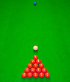 Green baize snooker table, games room. A collection of coloured game balls. Starting position., Snooker Room