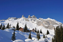 Hut, Lindauer Huette with Drei Tuerme in the background, Raetikon, Montafon, Vorarlberg, Austria