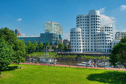 View at the Neuer Zollhof with Gehry buildings, Media harbour, Dusseldorf, Northrhine-Westphalia, Germany, Europe