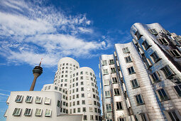 Rhine tower and Neuer Zollhof with Gehry buildings, media harbour, Duesseldorf, North Rhine-Westphalia, Germany, Europe