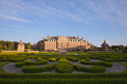 Garden with baroque sculptures at the island of Venus in front of Nordkirchen moated castle, Muensterland, North Rhine-Westphalia, Germany, Europe