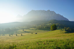 Alpine meadow in front of Heiligkreuzkofel, Val Badia, Dolomites, UNESCO world heritage site Dolomites, South Tyrol, Italy