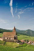 Kirche St Jacques, Stadtansicht und Weinberge, Hunawihr, Elsass, Frankreich