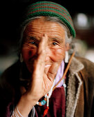 Countrywoman greeting Julee, 72 year old grandma of family Tsemopa, Ney near convent Thagchockling, Ladakh, Jammu and Kashmir, India